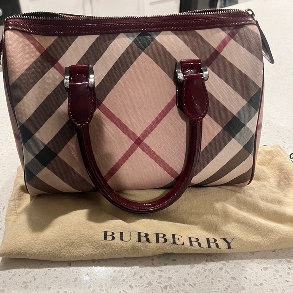 Burberry Red Patent Leather Supernova Check Coated Canvas Bowling Bag - Picture 1 of 4